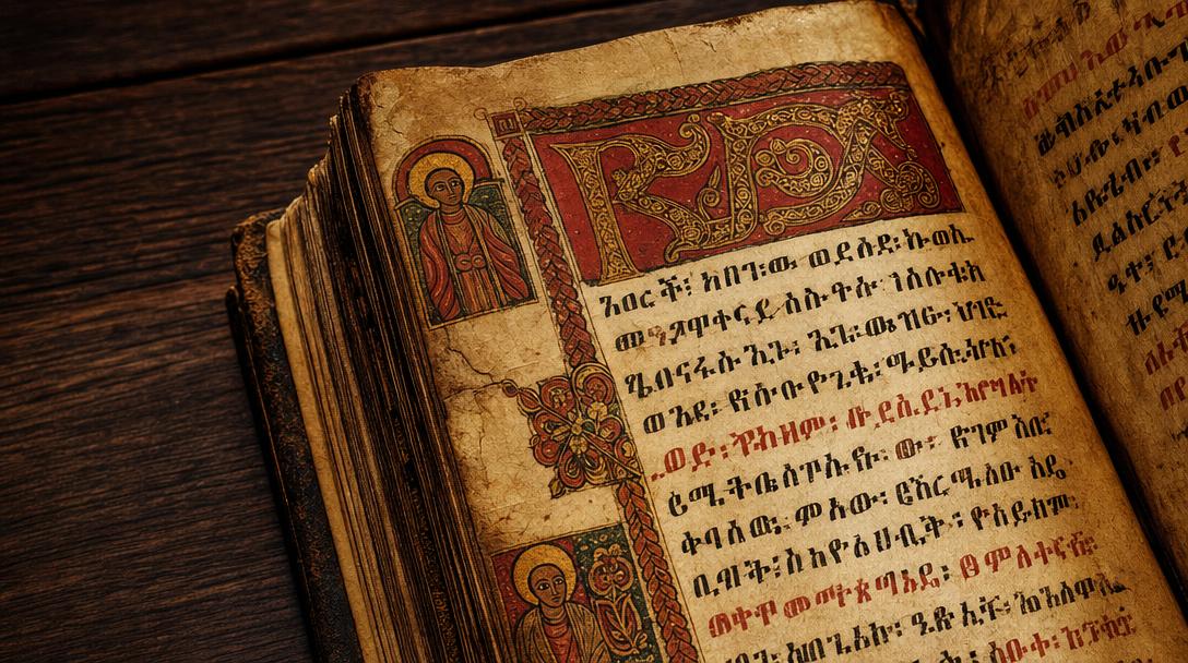 Detail of ancient Ethiopian Ge'ez Bible manuscript pages