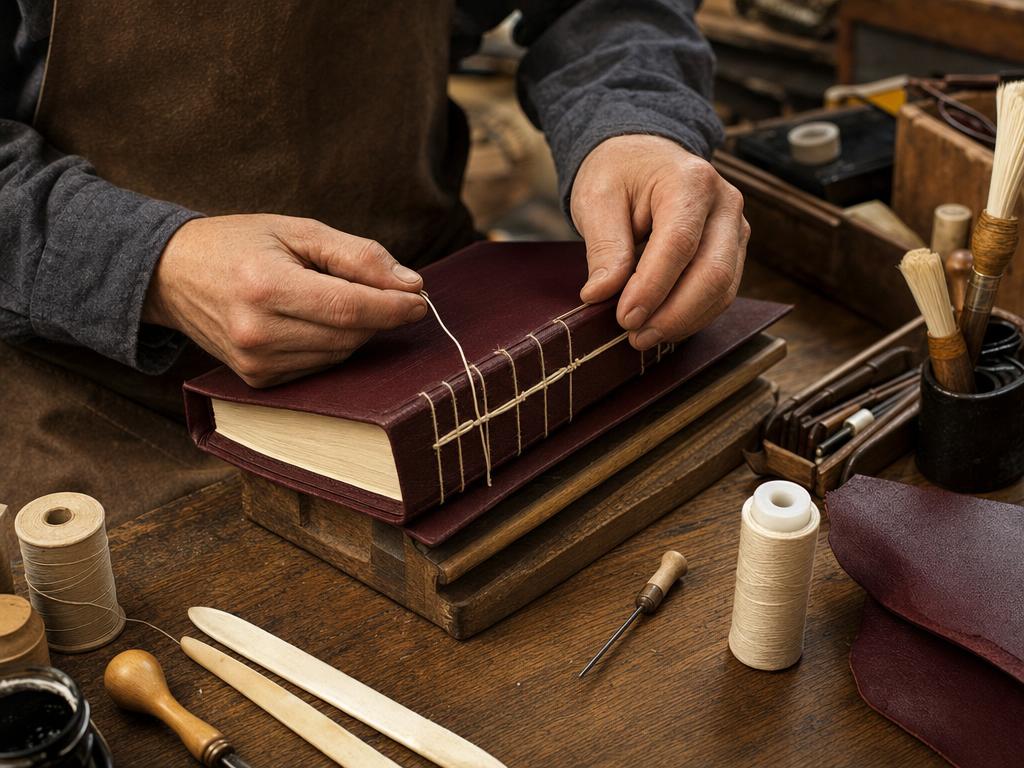 Family bookbindery hand stitching a Bible