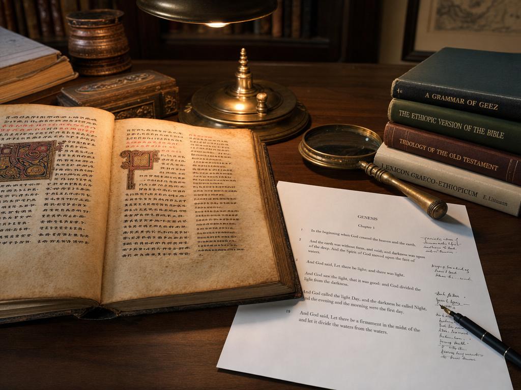 Scholar's desk with Ge'ez manuscript and modern English translation